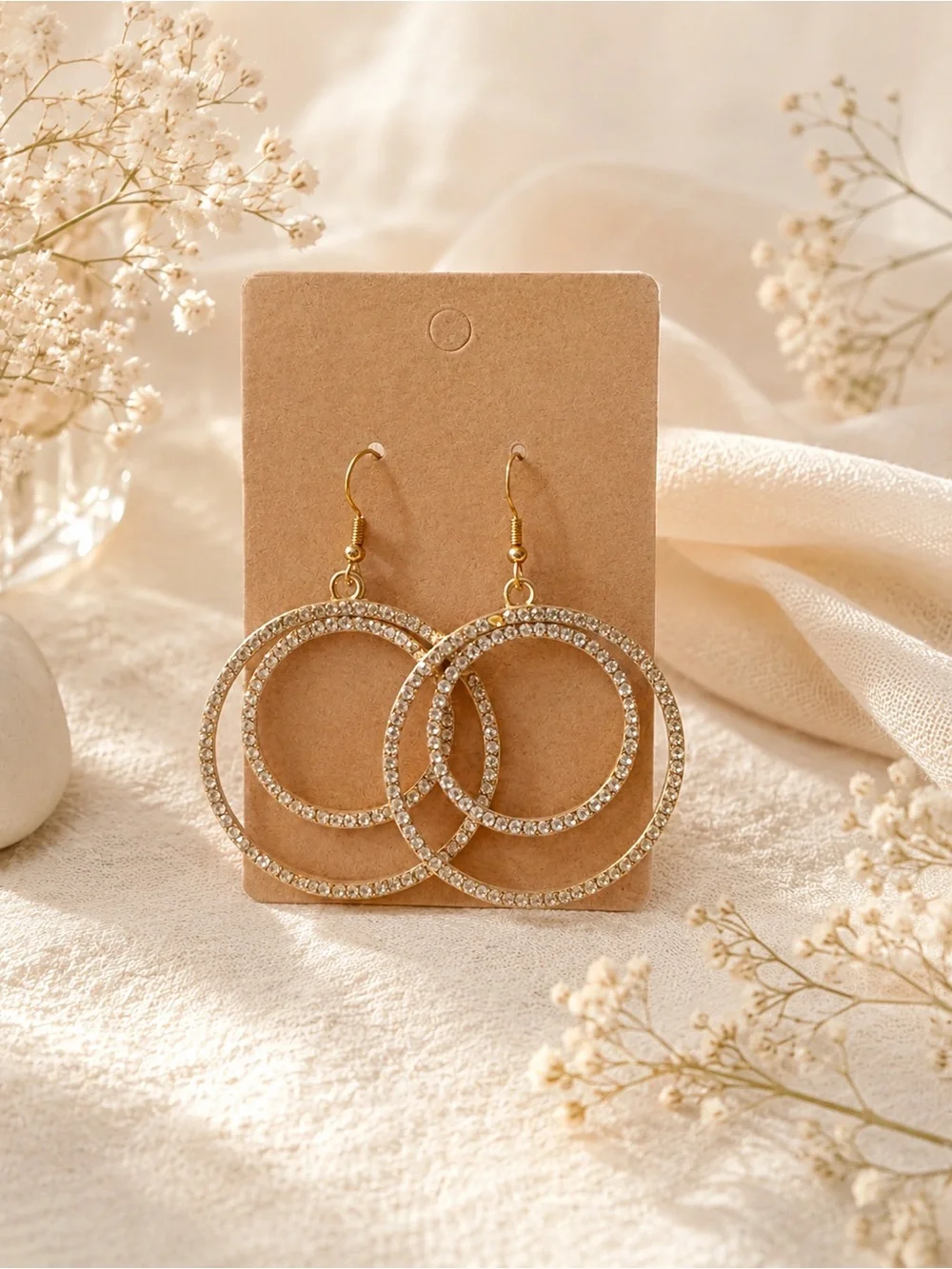 Gold Crystal Double Hoop Drop Earrings - Women Fashion Jewelry NWOT